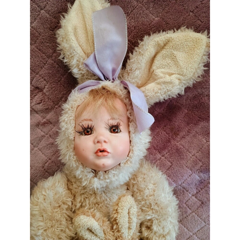 Vintage 15" Emma Porcelain Bunny Doll Plush Outfit Holding Rabbits Russ Berrie